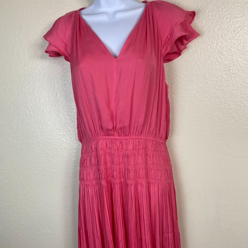 Anthropologie Current Air Pink V-Neck Pleated Dress Size Small Satin Smocked